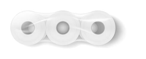 illustration of three toilet paper rolls in clear packaging. Crisp white design contrasts with simple background, highlighting everyday use item for hygiene. vector