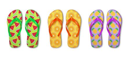 Vibrant flipflops featuring watermelon, orange, and pineapple patterns. Playful and colorful design perfect for casual summer outings and beach trips. vector