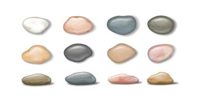 Illustration of twelve smooth stones in various earthy tones. Each stone is uniquely shaped. The background is plain white. Suitable for design and nature themes. vector