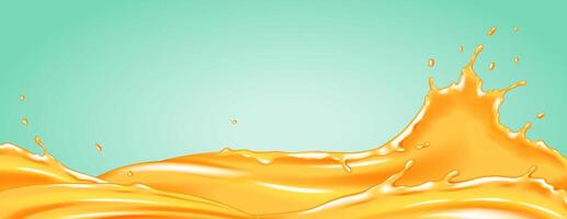 Illustration of dynamic orange liquid splashing with energy against a soft turquoise backdrop. Vivid colors highlight the fluid motion and create a lively visual. vector
