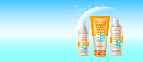 Illustration of three sunscreen bottles with SPF ratings displayed. Set against a vibrant blue sky with sun rays labeled UVA and UVB. Promotes sun protection. vector