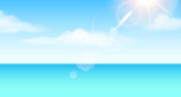 Digital illustration of a tranquil ocean under a clear sky. Bright sun shines with flares in soft blue and white tones. Ideal for backgrounds or vacation themes. vector