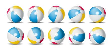 Collection of ten vibrant inflatable beach balls with red, yellow, and blue segments on white background. Ideal for summer and beach themes with playful atmosphere. Bright color scheme. vector