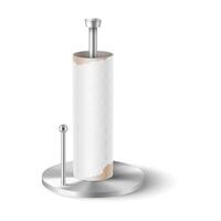 Elegant paper towel holder in realistic style. Features stainless steel finish and simple design. Perfect for kitchens or bathrooms. Isolated on a white background. vector