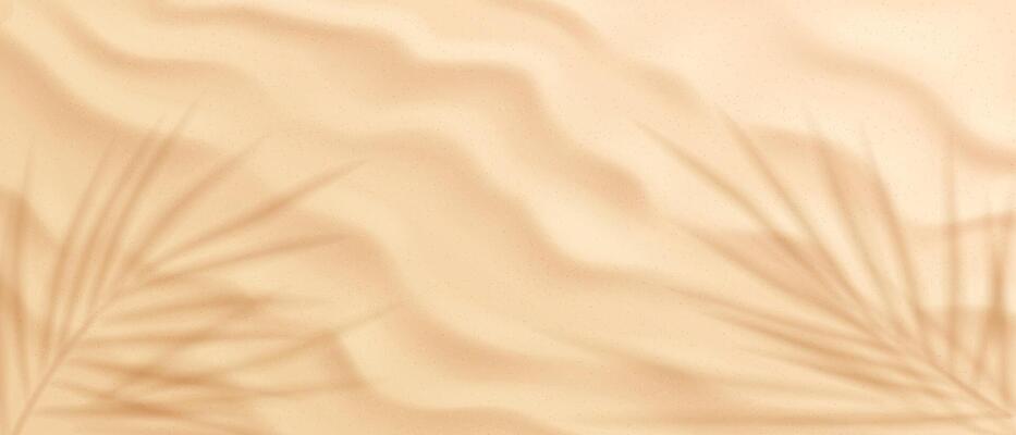 Sandy background, top view. Abstract background with soft sand texture. Palm leaf shadows create tropical feel. Warm beige tones enhance soothing ambiance. Great for digital design uses.