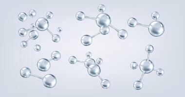 Interconnected silver collagen molecules realistic color icons set. Intricate network of tissue structure 3d objects bundle on grey background vector