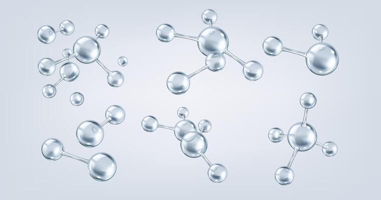 Interconnected silver collagen molecules realistic color icons set. Intricate network of tissue structure 3d objects bundle on grey background