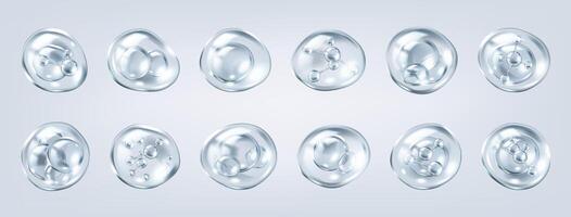 Collagen molecules floating inside bubbles realistic color icons set. Scientific cosmetic research of 3d objects bundle on grey vector