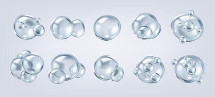 bubbles featuring collagen molecules realistic color icons set. Cosmetics skincare and anti-aging 3d objects bundle on grey vector