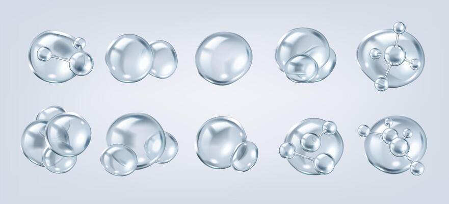 bubbles featuring collagen molecules realistic color icons set. Cosmetics skincare and anti-aging 3d objects bundle on grey
