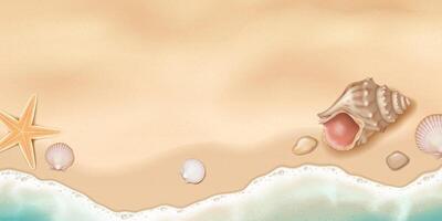 Illustration of seashells and starfish on sandy beach. Soft beige and pink tones create a relaxing atmosphere. Ideal for summer themes or beach designs. vector