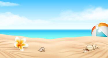 Digital illustration of a tranquil beach scene with a vibrant flower, shells, and a beach ball. Soft sand, blue sky, and ocean create a peaceful summer backdrop. vector