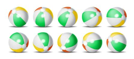 Illustration of multiple colorful beach balls with striped patterns in green, yellow, and orange colors isolated on a white background. Perfect for summer and vacation themes. vector