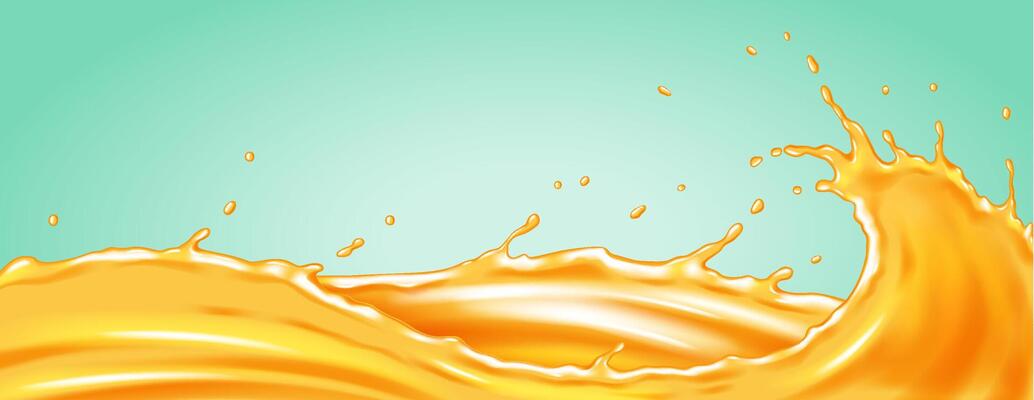 Vivid illustration of an orange liquid splash with dynamic motion. Bright colors on a green backdrop evoke energy and freshness. Ideal for advertising or design.
