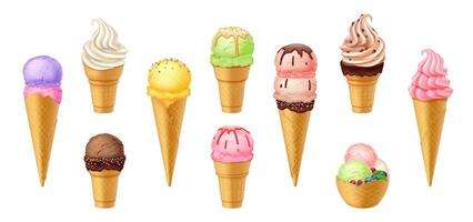 Collection of various ice cream cones and bowls. Bright and colorful scoops with toppings create a joyful summer vibe. Perfect for dessert themes and party invitations. vector