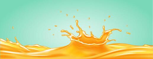 Vibrant orange liquid splash with fluid dynamics against a turquoise background. Dynamic illustration capturing energy and motion. Ideal for beverage or liquid product designs. vector