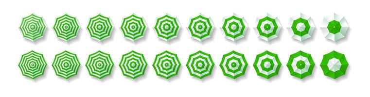 Top view illustration series of green and white umbrellas in various geometric patterns. Modern minimalistic style suitable for summer themes or design backgrounds. vector
