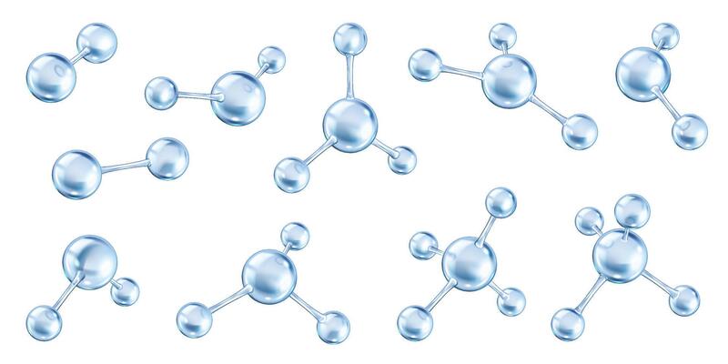 Multiple collagen molecules connecting realistic color icons set. Network of bonds and complex structures 3d objects bundle on white background