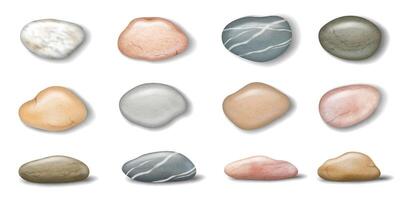 Collection of realistic stones with smooth, rounded surfaces in diverse colors. Ideal for design and decoration. Natural textures presented on white background. vector