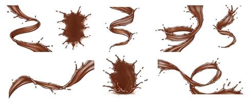 Set of chocolate splashes in dynamic forms against a white background. The rich brown liquid swirls create a sense of movement and indulgence, perfect for culinary projects. vector