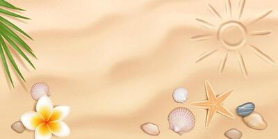 Realistic illustration of tropical beach scene. Sand backdrop with seashells and starfish. Palm leaves and sun drawing add flair. Perfect for summer themes. vector