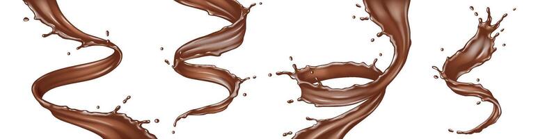 Swirling streams of rich chocolate captured midmotion. This dynamic illustration showcases smooth, glossy textures against a pristine white background. Perfect for dessert branding. vector