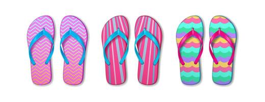 Set of three pairs of flip flops in cheerful patterns and bright colors. Each pair features unique designs, ideal for summer beachwear and relaxation. vector