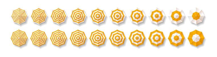 Collection of yellow and white striped beach umbrellas viewed from above. Dynamic geometric pattern evokes summer vibes. Ideal for beachrelated themes and vacation promotions. vector