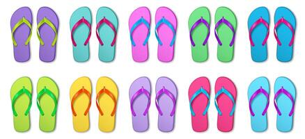 Collection of bright flipflops in various colors, arranged in a pattern. Perfect for summer themes and beachrelated designs. Eyecatching and playful. vector