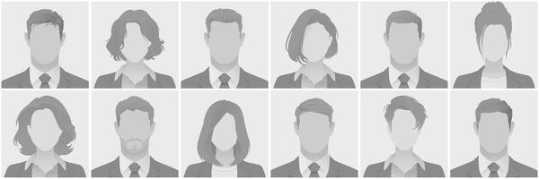 Collection of grayscale silhouette avatar defoult photo placeholder portraits depicting diverse business professionals in suits shown in a grid format representing teamwork Ideal for corporate use. vector
