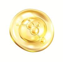 Golden collagen molecules float in serum drop realistic illustration. Complex molecule of element 3d object on white background vector