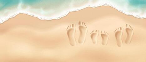 Footprints of father, child and mother in front of a sea wave, top view. Illustration of family footprints in soft sand by the shore with gentle ocean waves. Relaxation and summer vacations. vector