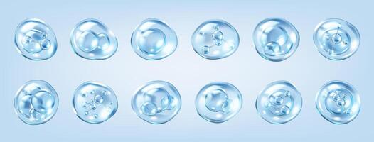 bubbles containing collagen molecules realistic color icons set. Skincare scientific research 3d objects bundle on blue vector