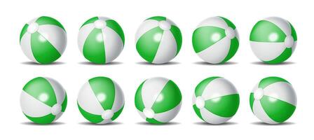 Set of bright green and white beach balls arranged in rows on white background. Vibrant playful design suitable for summer fun and recreational activities theme vector