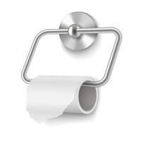 A realistic illustration of toilet paper on a sleek metal holder. The design features clean lines and a minimalist aesthetic. It is set against a plain white background vector