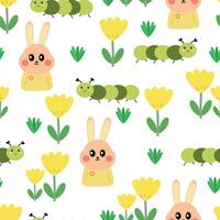 Seamless pattern cartoon bunny, yellow flower and spring vibes element. cute animal pattern for wallpaper, background and gift wrap paper vector