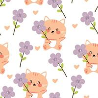 Seamless pattern cartoon cat hold purple flower and spring vibes element. cute animal pattern for wallpaper, background and gift wrap paper vector