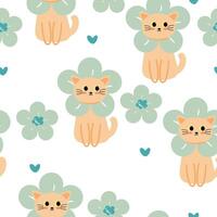 Seamless pattern cartoon cat, blue flower and spring vibes element. cute animal pattern for wallpaper, background and gift wrap paper vector