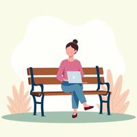 A female is relaxing on park bench with laptop for work from anywhere scene vector