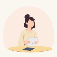A woman is working with gadget and report of monthly work vector