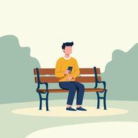 A male is relaxing on park bench with smartphone on the calm color background vector