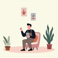 A man is working at office space wiht gadget on calm color background vector