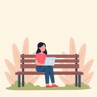 A woman is relaxing with laptop on park bench with nature calm color background vector