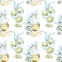 A delightful seamless pattern features olive branches adorned with shiny green olives and elegant bottles of olive oil. vector