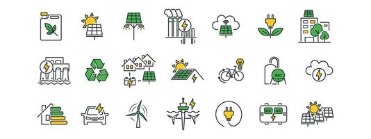 Energy and ecology line icon set. Includes symbols for green practices, carbon tracking, and earth care. Focus on environment-friendly visuals. illustration. vector