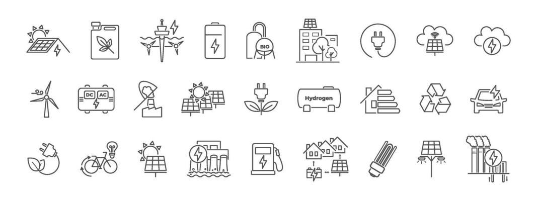 Set of green energy icon designs. Line style ecology symbols related to eco power, carbon control, and environment care. Earth-focused elements for sustainability themes. illustration.