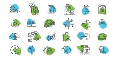 Icon collection in line style for green energy topics. Environment, eco power, and carbon usage shown with simple shapes. Earth and ecology visualized clearly. illustration. vector