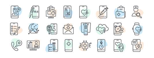 Set of line icons for health and medical interface. Patient tracking, doctor communication, digital care, and app-based telemedicine system. Minimal elements for UI or report. illustration. vector