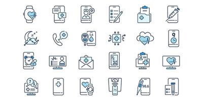 Health icon collection with digital tools for patient support. Medical interface elements doctor chat, telemedicine, monitoring app features. Line symbols for care system. illustration. vector