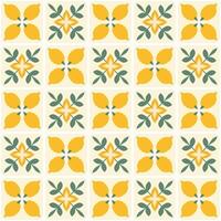 Seamless pattern with lemons and leaves in a Mediterranean tile style. Bright summer colors, flat design, perfect for kitchen decor, fabric, wrapping paper, or digital backgrounds. vector